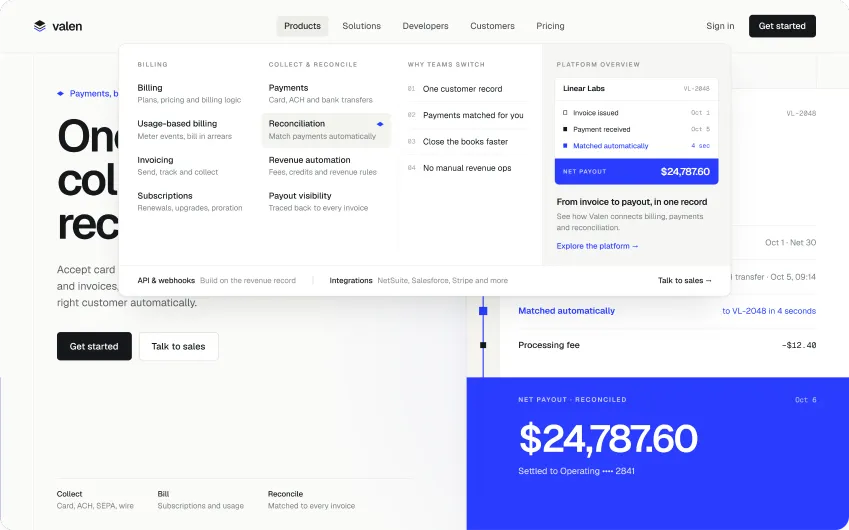 Valen website with its product menu open and a reconciled payout of $24,787.60.